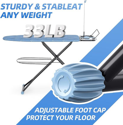 KINGBOARD Ironing Board, Compact Iron Board Full Size with Extra Thick Cover, 7 Adjustable Heights Stand with Hanger and Iron Rest, Large Heavy Duty Ironing Board with Storage Tray, 13x43 Blue