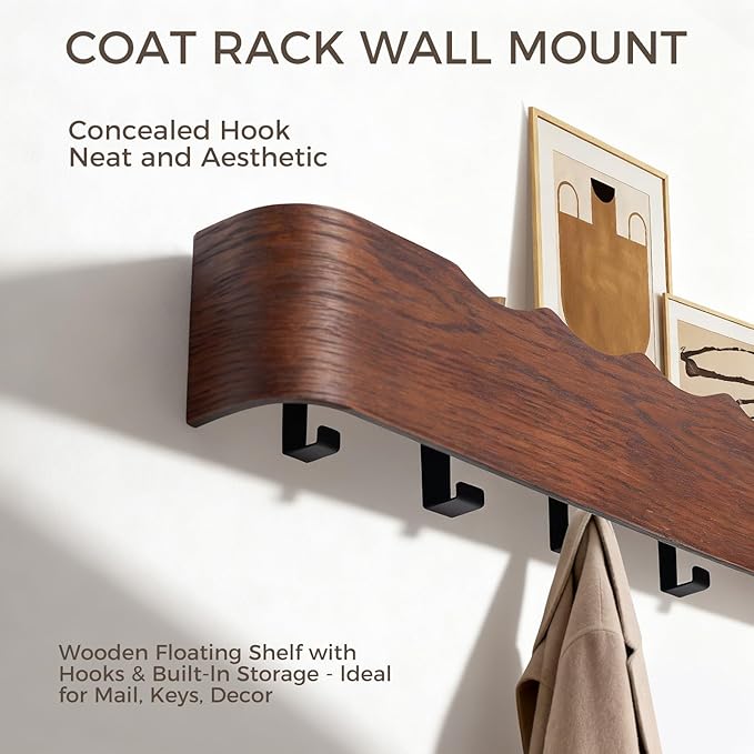 Wall Coat Rack Floating Shelves Modern Coat Rack Wall Mount with Storage Entryway Shelf Wooden Hanger 20 Inch 4 Hidden Metal Hooks for Living Room Bedroom (Wavy Walnut Color, 8 Hooks)