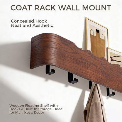 Wall Coat Rack Floating Shelves Modern Coat Rack Wall Mount with Storage Entryway Shelf Wooden Hanger 20 Inch 4 Hidden Metal Hooks for Living Room Bedroom (Wavy Walnut Color, 8 Hooks)