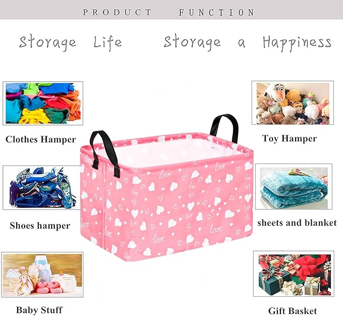 KUNRO Rectang Heart Pattern Valentine's Storage Basket Gift Shelf Basket Storage Bin, Nursery Basket Organizer Box for With Handles for Room Deco