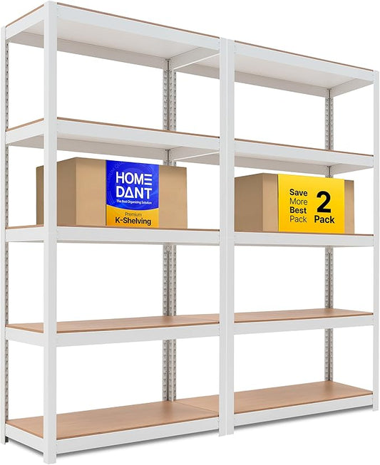 HOMEDANT House 5 Tier Heavy Duty Garage Shelving Adjustable Metal Rack Storage Shelves Standing Shelf Unit Organizers Pantry Closet Office (2, White, 36.2" W x 16.2" D)