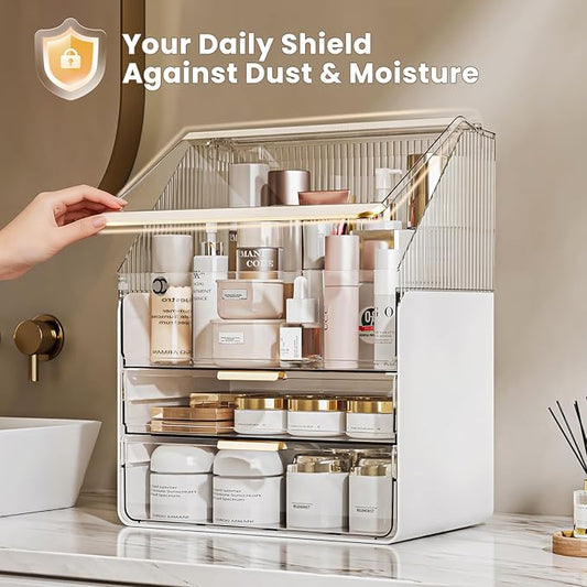 Makeup Organizer Countertop with Drawers & Lid, Skincare Organizer for Vanity, Large Cosmetic Organizer & Display Cases and Storage for Bathroom & Desktop. Perfect for Girl Women Mom Gifts