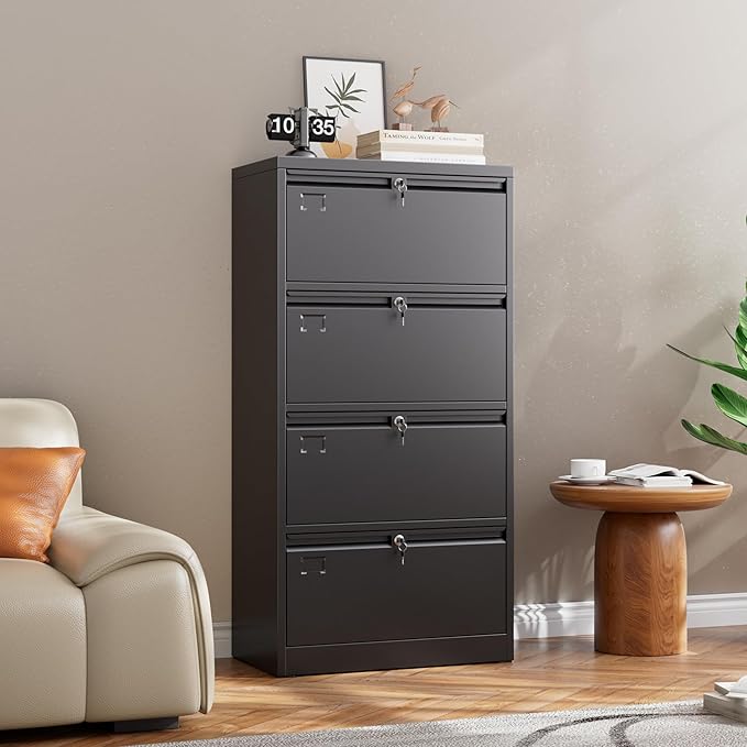 4 Drawer Lateral File Cabinet, Metal Lateral File Cabinets with Lock, Legal Size Steel Lateral Filing Cabinet for Office and Home