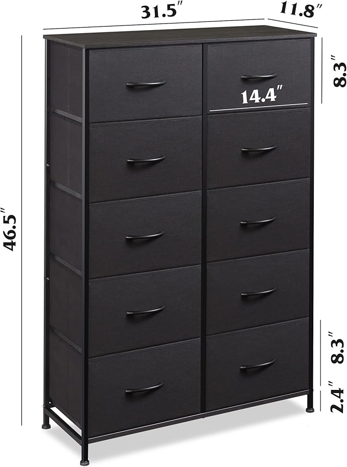 WLIVE Tall Dresser for Bedroom with 10 Drawers, Chest of Drawers, Dressers Bedroom Furniture, Black Dresser with Fabric Bins for Closet, Hallway, Living Room, Entryway