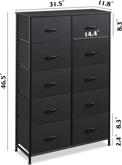 WLIVE Tall Dresser for Bedroom with 10 Drawers, Chest of Drawers, Dressers Bedroom Furniture, Black Dresser with Fabric Bins for Closet, Hallway, Living Room, Entryway