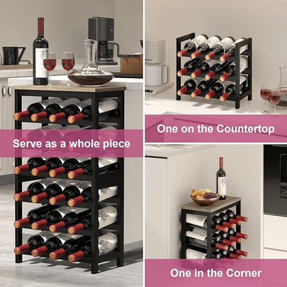 6 Tier Bamboo Wine Rack Freestanding Floor, 24 Bottles Wine Storage Shelves with Table Top, Stackable Wine Display Rack for Kitchen, Bar, Dining Room, Ivory White and Black