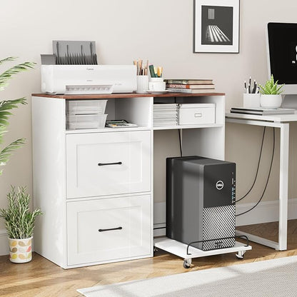 VOWNER File Cabinet with Charging Station, 2 Drawer Filing Cabinet, Printer Stand with Rolling Shredder Stand, Wooden File Cabinets with Open Storage Shelf, for Home Office fit A4, Letter, Legal Size