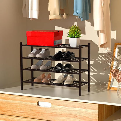 RONGJlA 4 Tier Bamboo Shoe Rack for Closet Free Standing Wood Shoe Shelf Storage Organizer for Entryway Small Space Stackable, Brown