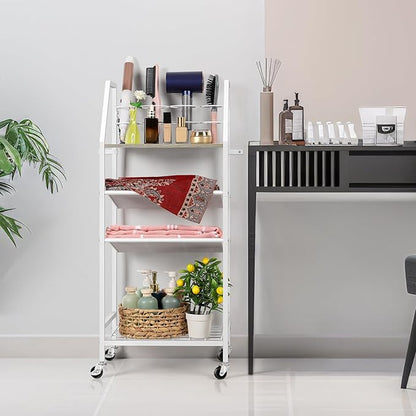 OYEAL White Bathroom Storage Cart Rolling Towel Cart On Wheels Freestanding Bathroom Shelf Unit with Hair Dryer Holder for Small Spaces, Living Room, Kitchen