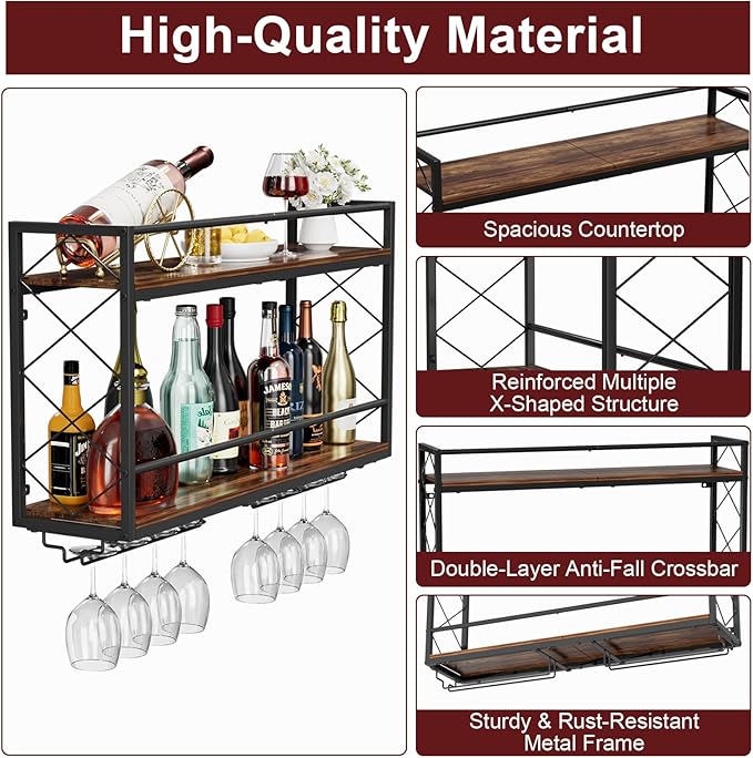 Wine Rack Wall Mounted 2 Tier Wall Wine Rack with Glass Holder, Double Layer Anti-Drop Crossbar, 31.5" Metal Wood Wall Mount Wine Holder for Home Kitchen Dining Room Coffee Shop Bar, Black