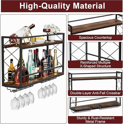 Wine Rack Wall Mounted 2 Tier Wall Wine Rack with Glass Holder, Double Layer Anti-Drop Crossbar, 31.5" Metal Wood Wall Mount Wine Holder for Home Kitchen Dining Room Coffee Shop Bar, Black