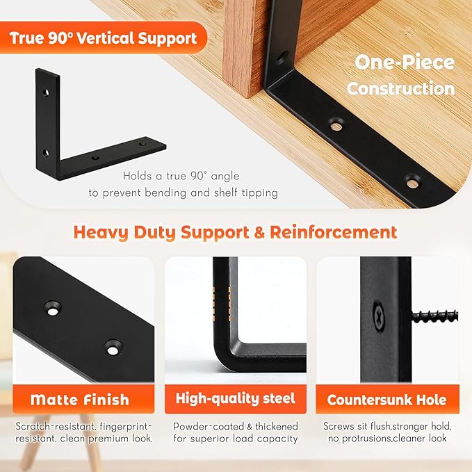 WINKER Shelf Bracket 6 Pack 14" Lx8 Hx1.5 W 5mm Thick Heavy Duty Black 14 Inch Metal Iron L Brackets for Wall Shelves