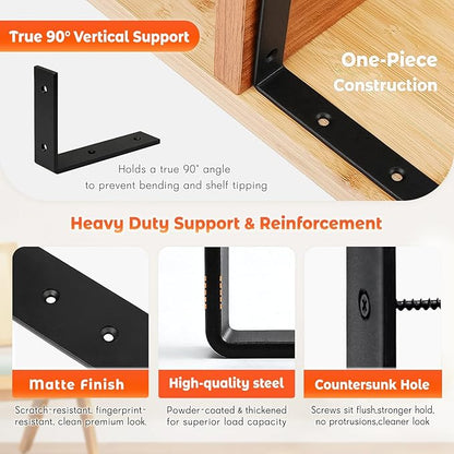 WINKER Shelf Bracket 8 Pack 14" Lx8 Hx1.5 W 5mm Thick Heavy Duty Black 14 Inch Metal Iron L Brackets for Wall Shelves