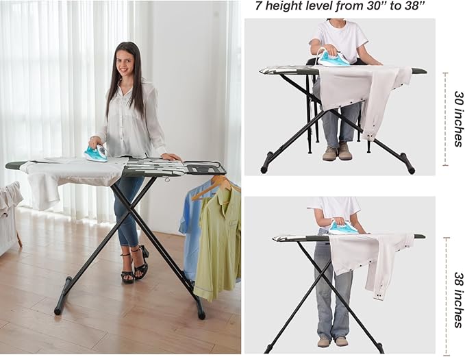 Extra Large Ironing Board with Hang Rail and Iron Rest 64" L x 20" W x 38" H (Large with Sliding Iron Rest)