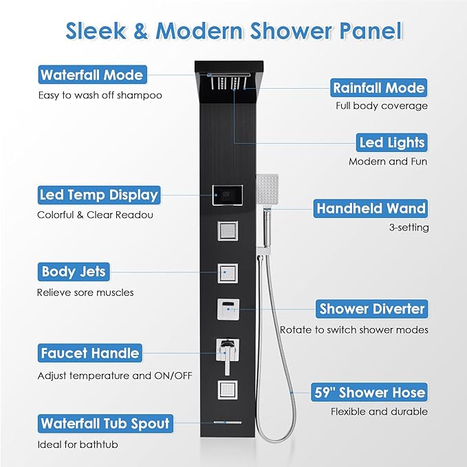 ROVOGO Shower Panel Tower System with LED Lights - No Battery Needed, Shower Column with Rainfall Waterfall Shower, Body Jets, Handheld Shower, Tub Spout and Temp Display, Black