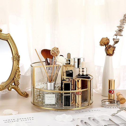 Hipiwe 360 Rotating Makeup Organizer 3-Slot Gold Glass Spinning Cosmetic Display Case Round Vanity Storage Holder Dresser Bathroom Organizer for Prefume Makeup Bushes Lipsticks