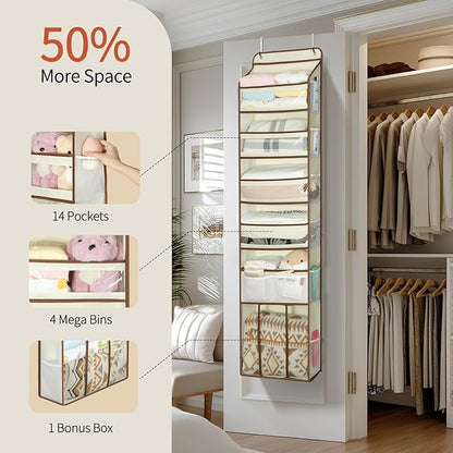 Yecaye 6 Tier Over The Door Organizer with Detachable Bin, Stuffed Animal Storage with Clear PVC Windows, Door Organizer Hanging for Bedroom Nursery Closet Dorm Room Laundry Pantry Bathroom, Beige
