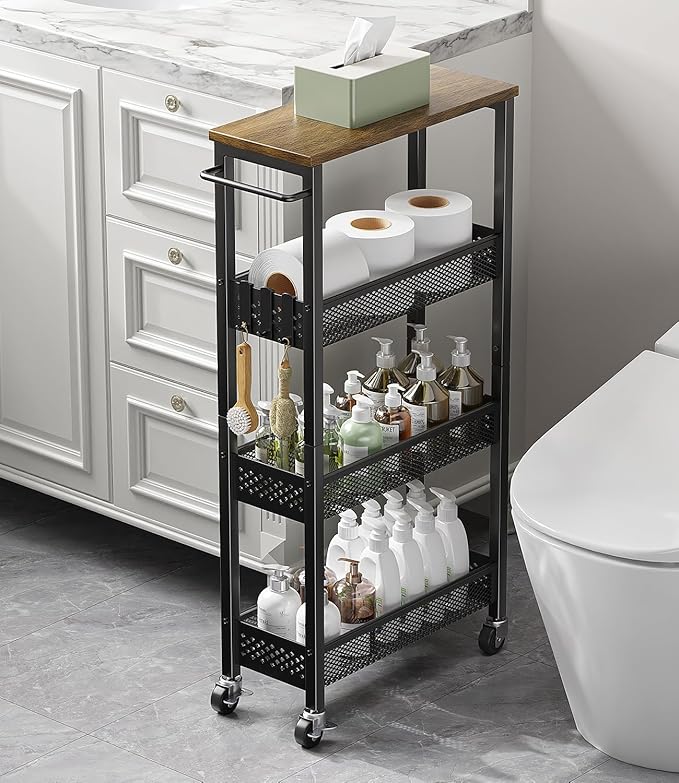 Giwil Slim Rolling Storage Cart 4 Tier Bathroom Organizer Mobile Shelving Unit Utility Cart with Wood Top and Handle for Kitchen Laundry Narrow Places, Black