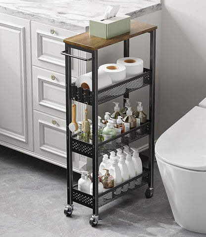Giwil Slim Rolling Storage Cart 4 Tier Bathroom Organizer Mobile Shelving Unit Utility Cart with Wood Top and Handle for Kitchen Laundry Narrow Places, Black