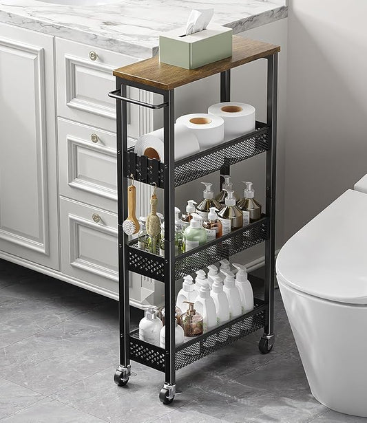 Giwil Slim Rolling Storage Cart 4 Tier Bathroom Organizer Mobile Shelving Unit Utility Cart with Wood Top and Handle for Kitchen Laundry Narrow Places, Black
