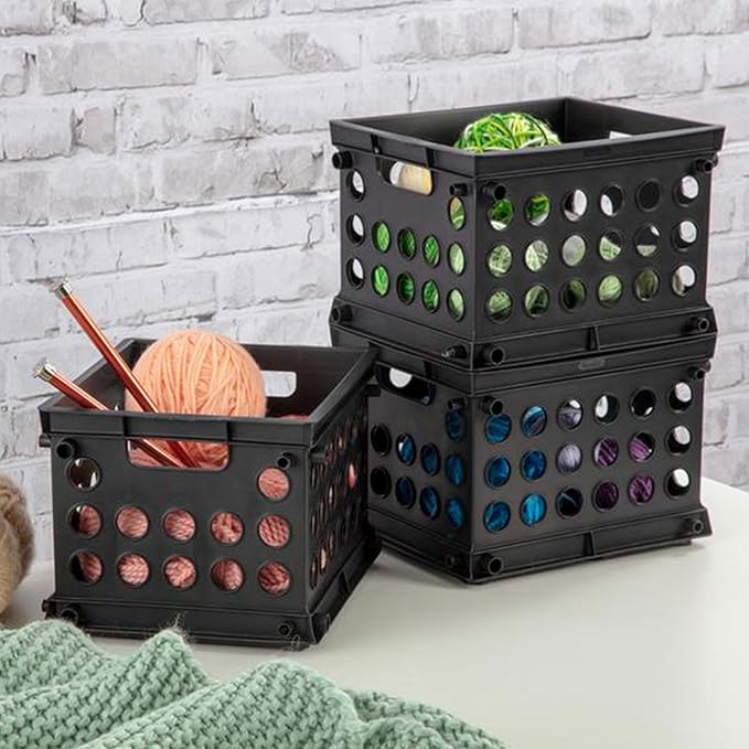 Sterilite Mini Crate, Stackable Plastic Storage Bin with Handles, Organize Home, Garage, Office, School, Dorm Room, Black, 24-Pack