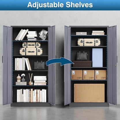 Metal Storage Cabinet, 71 Inch Tall with Adjustable Shelves & Locking Doors, Tool Cabinets for Garage, Office, Home, School, Gym Storage (Grey Black)