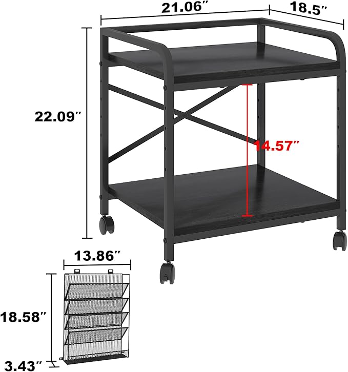 EasyCom Large Printer Stand with File Holder Organizer, Adjustable Height Shelf with Wheels, Rolling Printer Cart with Storage for Printer Scanner Fax Home Office Use Black
