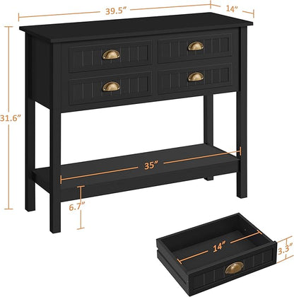 Yaheetech Console Table with 4 Drawers, Sofa Side Table with Bottom Open Storage Shelf, Heavy-Duty Entryway Tables for Hallway/Living Room, 39.5x14x32 inch, Black