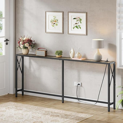 70" Sofa Tables Narrow Long, Behind Couch Table with Oulets & USB Ports, Industrial Long Skinny Stand for Entryway,Hallway, Living Room, Bedroom 7.9" D x 70" W x 30.3" H