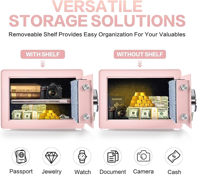Safe for Home, 1.0 Cubic Feet Small Safe with Removable Shelf, Alarm System, Digital Electronic Security Money Box for Cash, Document, Home, Office, Hotel Use, Pink, 9.84"D x 13.78"W x 9.84"H