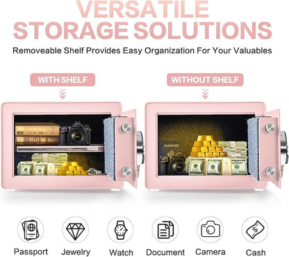 Safe for Home, 1.0 Cubic Feet Small Safe with Removable Shelf, Alarm System, Digital Electronic Security Money Box for Cash, Document, Home, Office, Hotel Use, Pink, 9.84"D x 13.78"W x 9.84"H