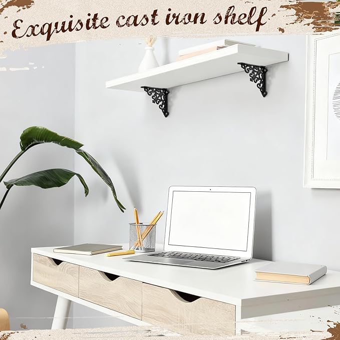 Blulu 4 Pack Antique Style Cast Iron Shelf Brackets Decorative Brackets 3 7/8" x 3 7/8" Wall Mount Shelving Bracket Heavy Duty Victorian Style Shelf(Black)
