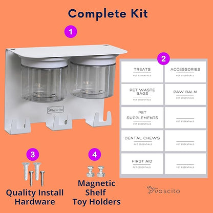 Dog Treat Holder For Wall Storage For Pets, Premium Pet Wall Organizer, Includes Two 16oz Airtight Dog Treat Jars, 3 Sets of Triple Hooks, Sturdy Shelf in Designer White