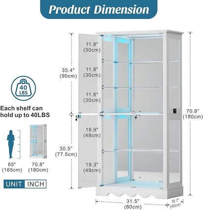 Glass Display Cabinet with Doors, RGB Curio Cabinet with LED Lights for Collectibles, Display Case with Adjustable Shelf, White