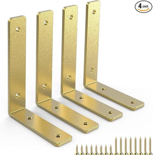 Gold Heavy Duty Shelf Brackets 4 Inch, Rustic Gold Iron L Shelf Bracket, Industrial Modern Metal Floating Shelf with Hardware for DIY Open Shelving, 4 Pack