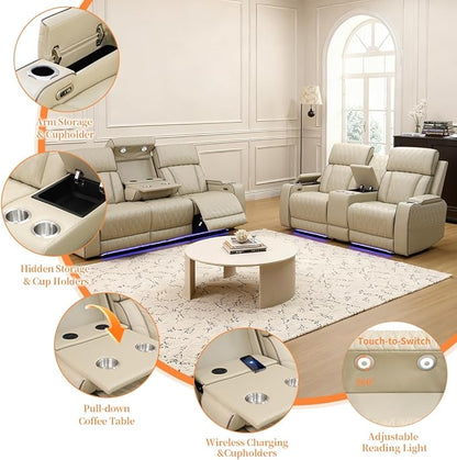 Living Room Furniture Set, Power Reclining Sofa Set, Khaki Leather 3-Seated Recliner Couch with Drop-Down Table, Recliner Sofa with Storage Console/Cup Holder for Living Room/Apt/Office
