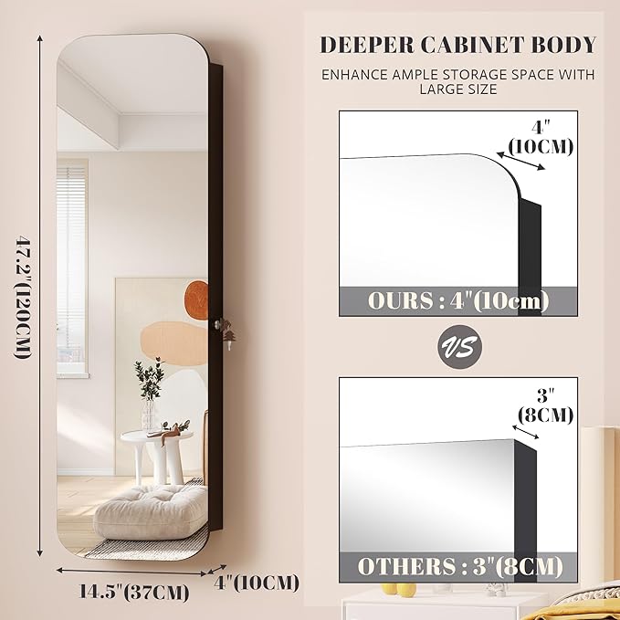 Vlsrka 6 LEDs Mirror Jewelry Cabinet Door Hanging, 47.2" Wall Mounted Jewelry Cabinet, Lockable Full Length Mirror with Storage, Rounded Corner Mirror Jewelry Organizer, 2 Drawers, Black