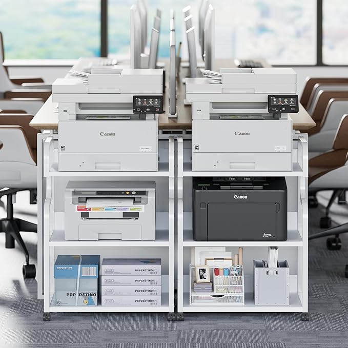 VECELO Large Printer Stand with Power Outlet, 3-Tier Rolling Cart with Lockable Wheels, Heavy Duty Utility Table for Home Office, 18.9"x23.6"x30.2", White