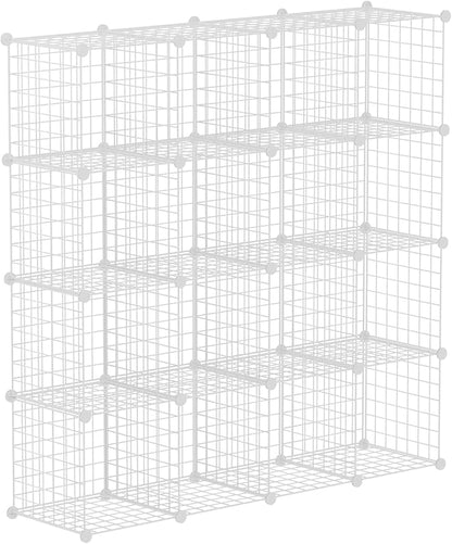 HUBSON Wire Cube Storage Organizer, Book/Toy/Craft/Potted Plants and Pet Closet Organizers, 16-Cube Freely Combinable Metal Grid Storage Shelf, White Iron