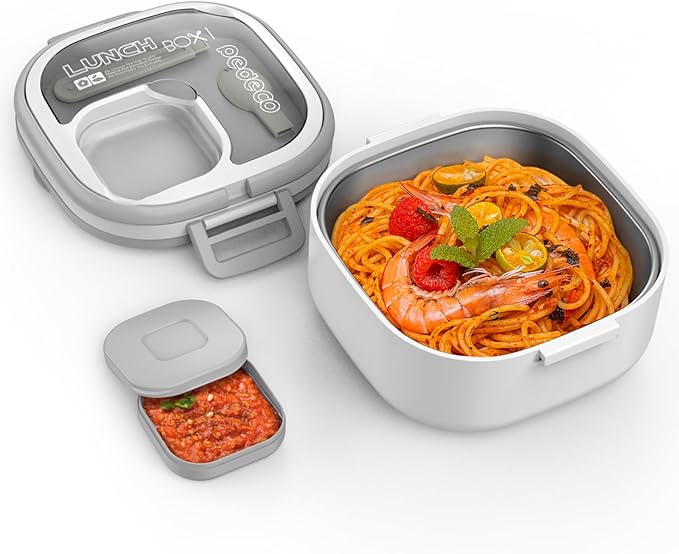 Single-Layer Bento Lunch Box for Kids & Adults with Removable Stainless Steel Lunch Container,Dressing Container,BPA-Free,Dishwasher Safe - Includes Utensil(White,Not Insulated)
