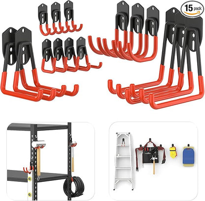 TORACK 15 PCS Garage Storage System Hooks, Shelving Hooks for Keyhole Shelving Units Wall Mount Utility Hooks for Tools, Ladders, Cords, Folding Chairs, Shovels and Rakes(Orange)