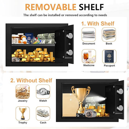 0.4 Cub Small Safes for Home Use, Security Safe Box with Spare Keys, Alarm System, Programmable Keypad and Removable Shelf, Anti-Theft Digital Steel Home Safe for Document Money Medicine Valuables