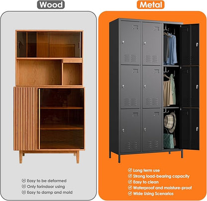 Aobabo 9 Doors Metal Storage Locker for Employees, Metal Locker with 27 Hooks for School Office Gym Garage, Black, Assembly Required