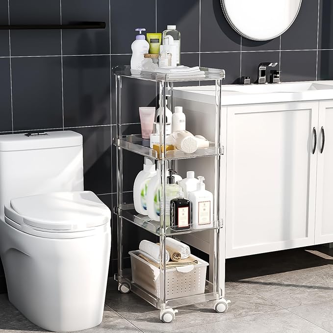 AQUIVER Acrylic Slim Storage Cart - 4 Tiers Narrow Rolling Cart - Utility Cart for Kitchen, Bathroom, Living Room, Laundry - 15.6 '' L x 10.2 '' W x 33.9 '' H