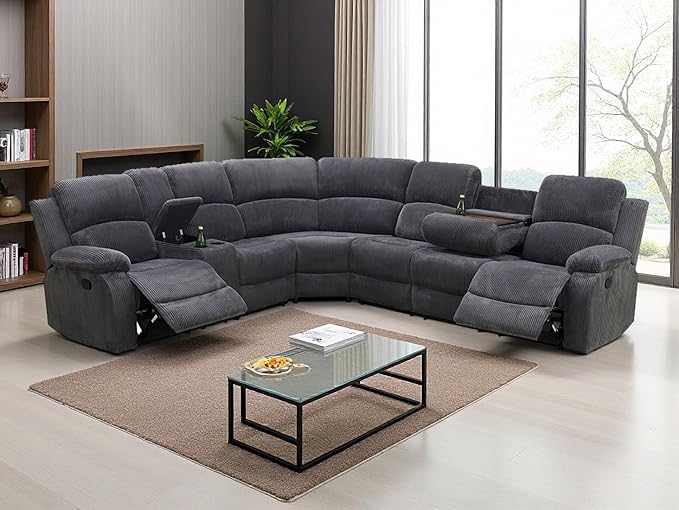 3-Piece Living Room Furniture Set, Reclining Sectional Sofa Set, Grey Corduroy Sofa Sets with Drop-Down Table, Sectional Recliner with Storage Console for Living Room, Bedroom, Office
