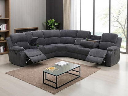 3-Piece Living Room Furniture Set, Reclining Sectional Sofa Set, Grey Corduroy Sofa Sets with Drop-Down Table, Sectional Recliner with Storage Console for Living Room, Bedroom, Office