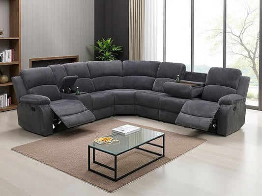 3-Piece Living Room Furniture Set, Reclining Sectional Sofa Set, Grey Corduroy Sofa Sets with Drop-Down Table, Sectional Recliner with Storage Console for Living Room, Bedroom, Office