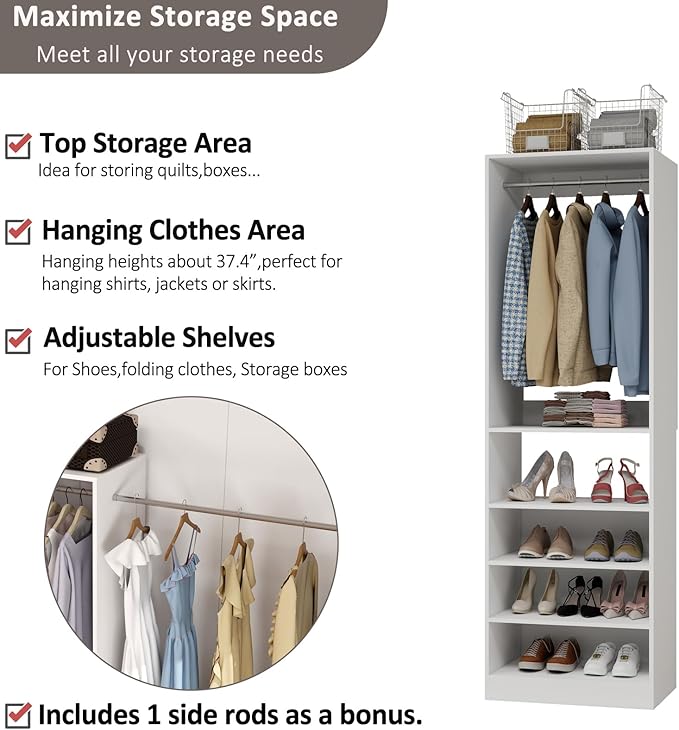Closet System, 2FT Closet Organizer System with Adjustable Shelves and 2 Hanging Rods, Free Standing Walk-in Closet for Small Closets Engineered Wood, White
