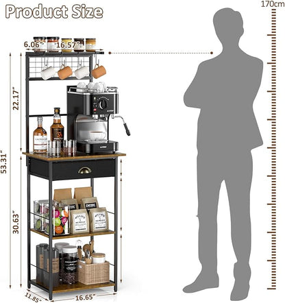 5 Tier Coffee Bar Station with Drawer, Kitchen Stand with 4 S-Shaped Hooks, Farmhouse Corner Coffee Bar Cabinet for Small Spaces, Bakers Rack for Kitchen, Living Room, 13.43" D x 18.93" W x 53.31" H