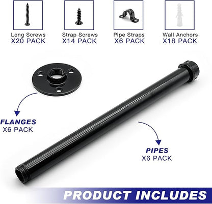 6 Pack Pipe Shelf Brackets 8 Inch, Industrial Iron Pipe Floating Shelves Bracket Heavy Duty Metal Shelving Brackets for DIY Shelves